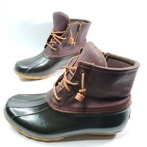 Sperry Fleece Lined Midcalf Duck Boots Size 10 Brown Lace Up Rubber Rain Boot